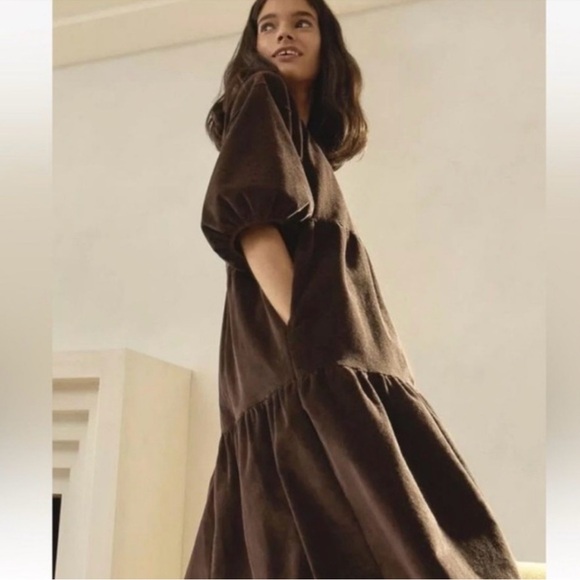 Everlane Brown Corduroy Midi Dress with Puff Sleeves - Picture 2 of 4